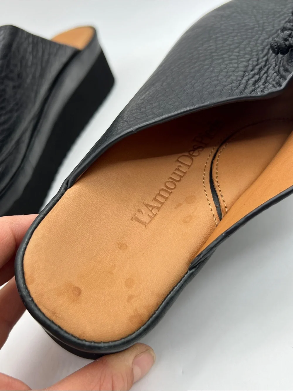 L’Amour Des Pieds Arienne Black Leather Lace-Up Wedge Mules Size 7
